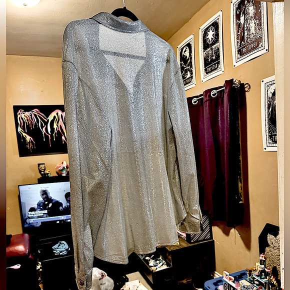 Plus size, light silver, sparkly AF, long sleeve silver button dress shirt. - Picture 2 of 5